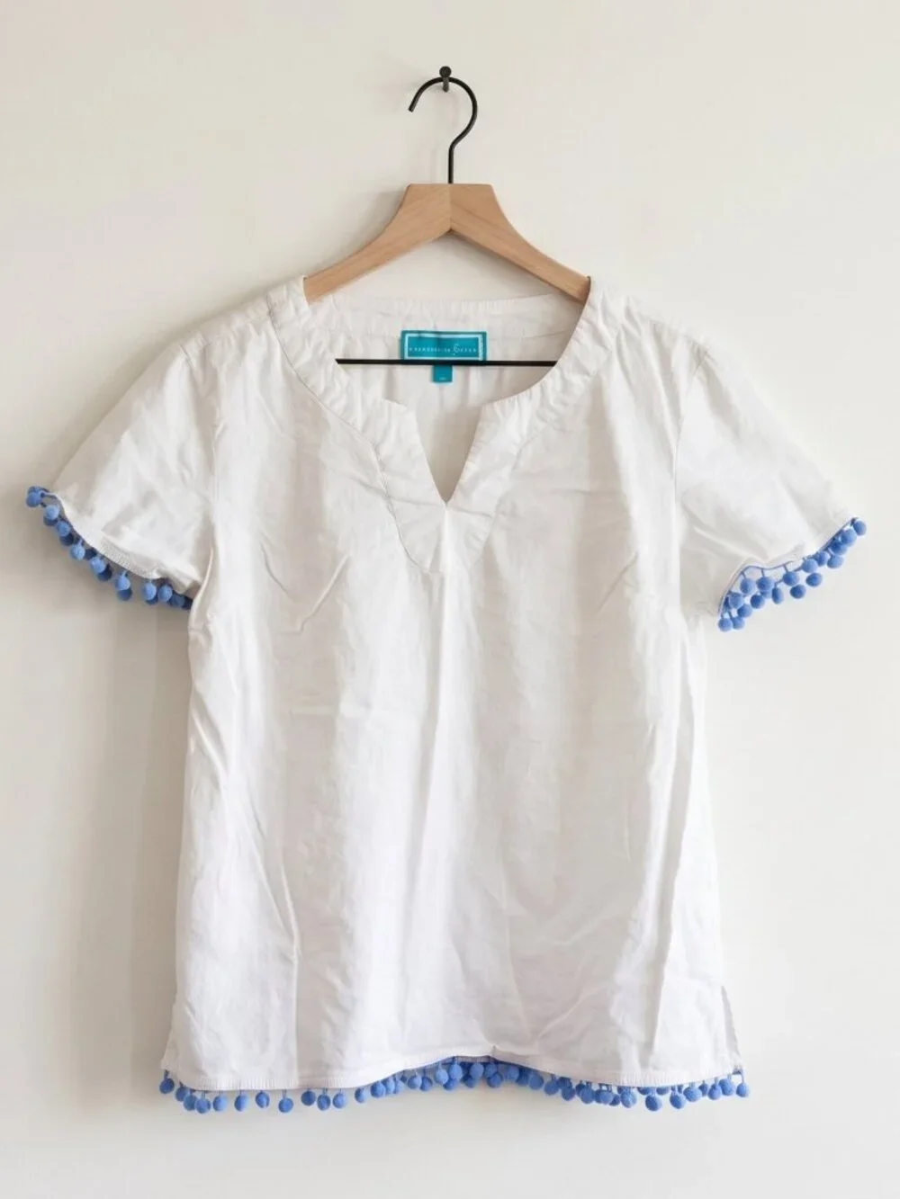 Southern Frock White Blue Pom Pom Trim 100% Cotton Top Size L - Picture 1 of 6